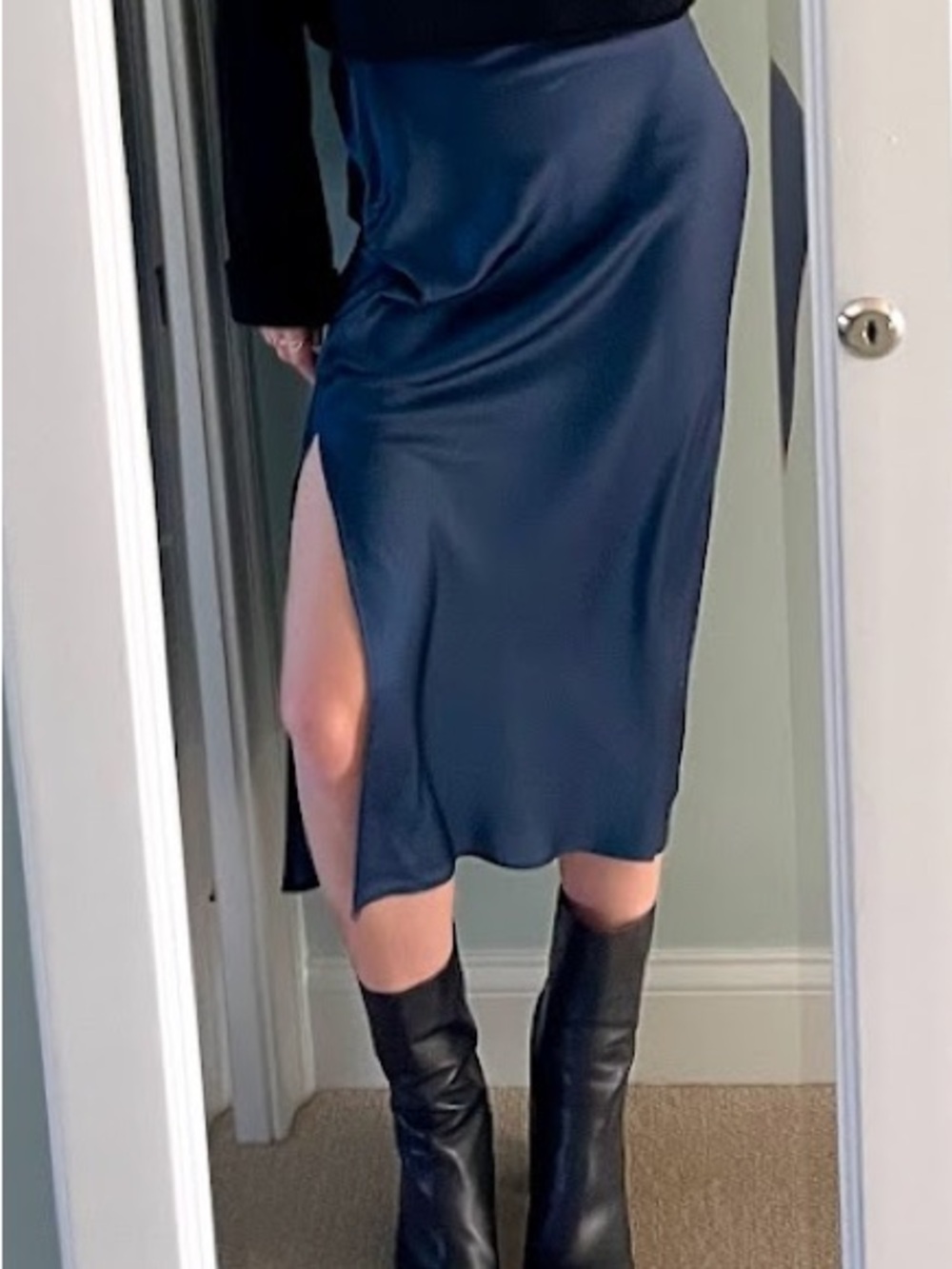 South Moon Under Navy Satin Midi Skirt with Side Slit